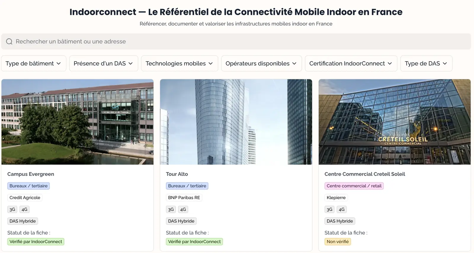 Carte de l’Observatoire IndoorConnect des bâtiments équipés en connectivité mobile indoor