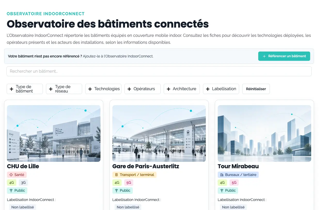 Carte de l’Observatoire IndoorConnect des bâtiments équipés en connectivité mobile indoor